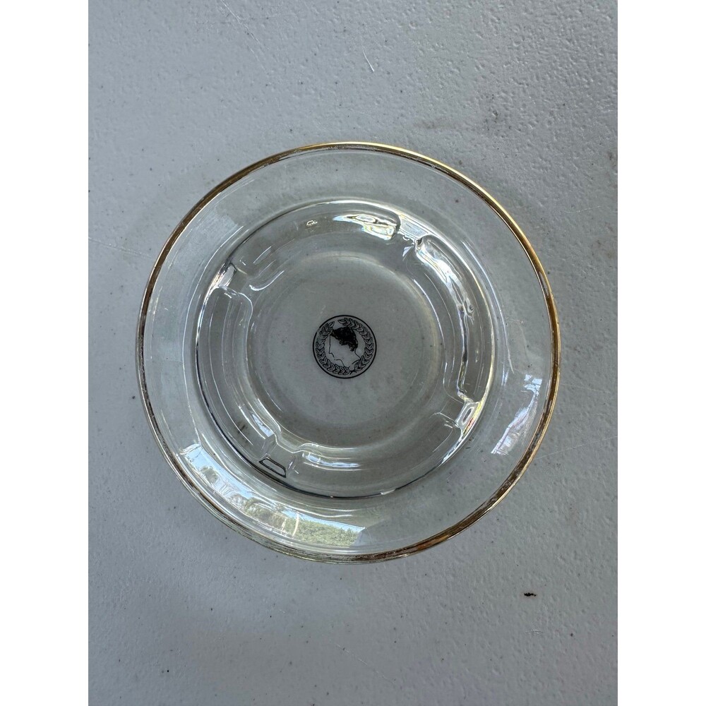 Vintage Caesars Palace Mid Century Clear Glass Central Emblem Gold Trim Ashtray